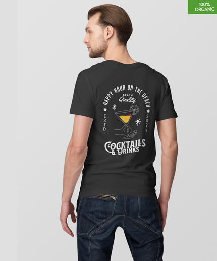 “Happy Hour on the beach-Cocktails & Drinks”   Organic cotton Black T-Shirt  l  Relaxed Fit, Heavy Weight, 240 GSM