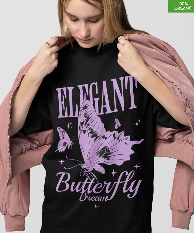 Elegant Butterfly Dream Oversized T-Shirt – Pastel Purple Graphic Tee – Soft 100% Organic Cotton Streetwear