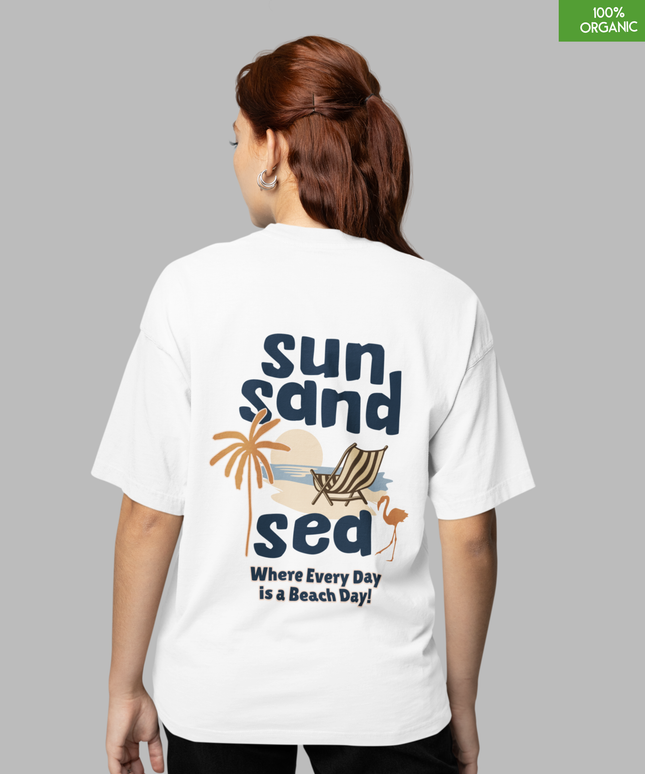 Oversized“Sun Sand Sea” Beach Day Graphic Organic Cotton T-Shirt